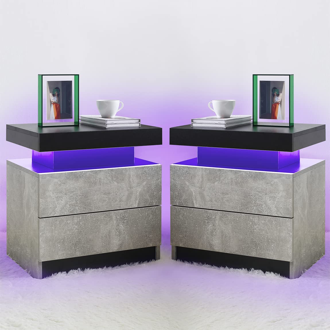 Nightstand Set of 2 LED Nightstand with 2 Drawers