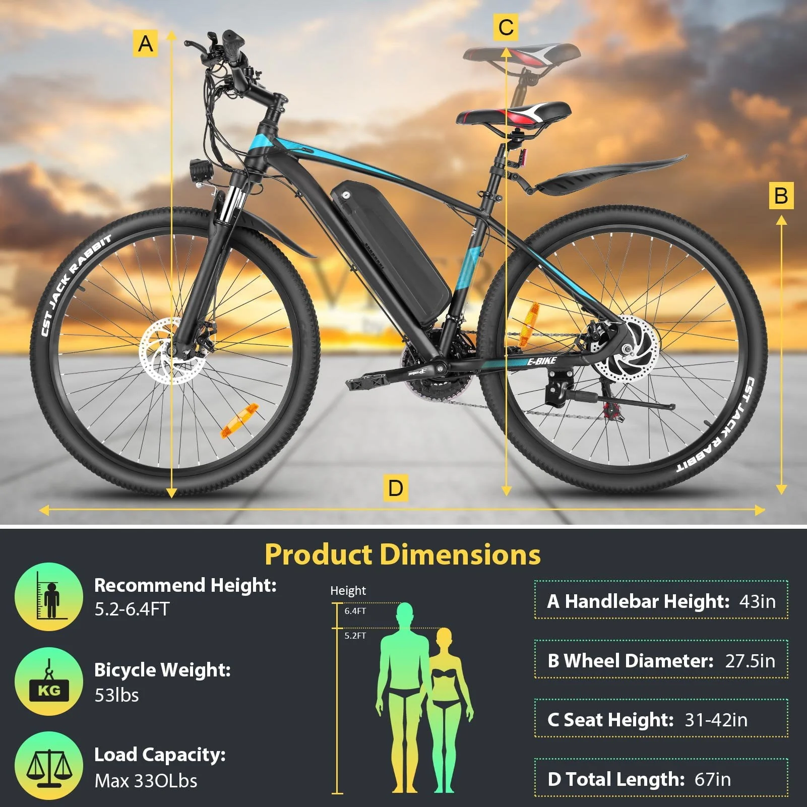 Elifine 27.5in Electric Mountain Bike, 500W, 48V 10.4Ah