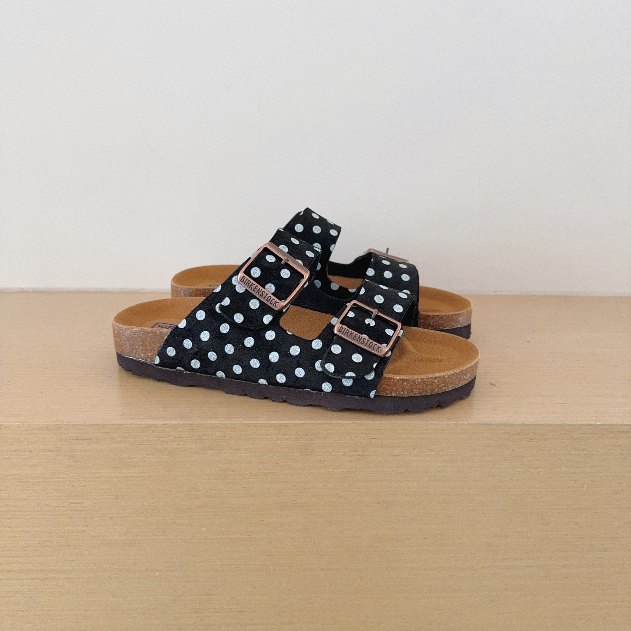 Polka Dot Birken-Style Two-Strap Sandals