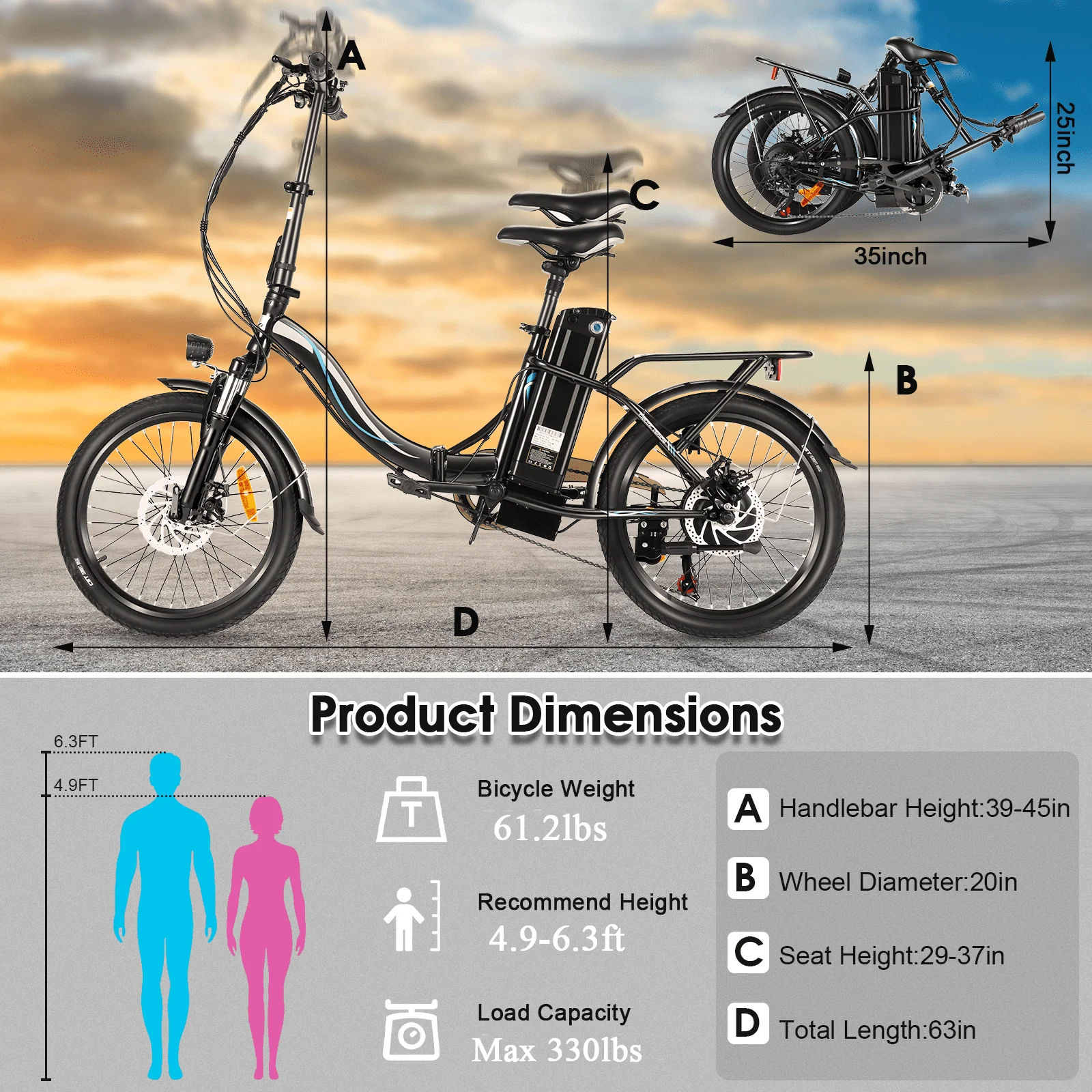Elifine 20in Folding Electric Commuter Bike, 500W, 48V 7.8Ah
