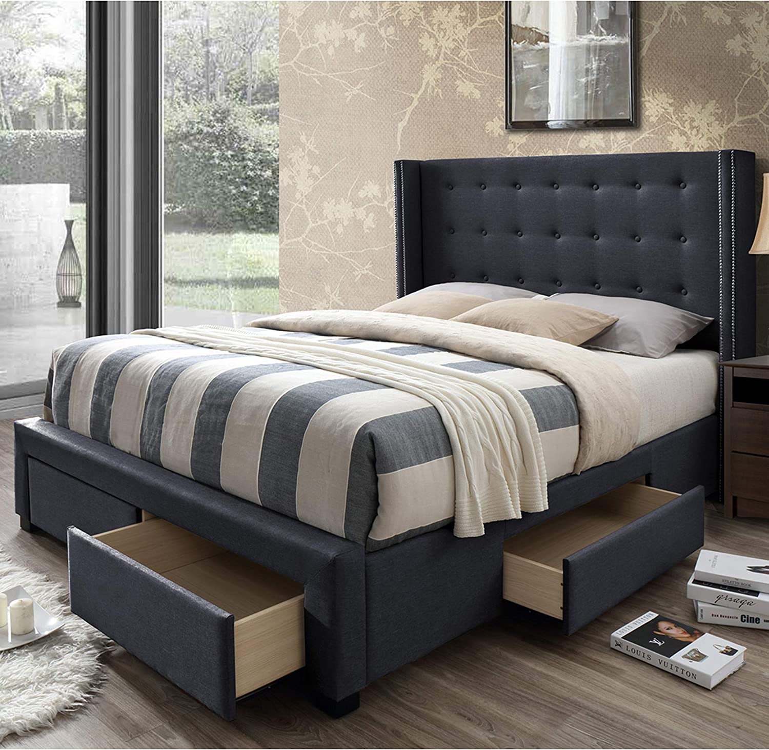Savoy Tufted Upholstered Wingback Panel Storage Bed Frame