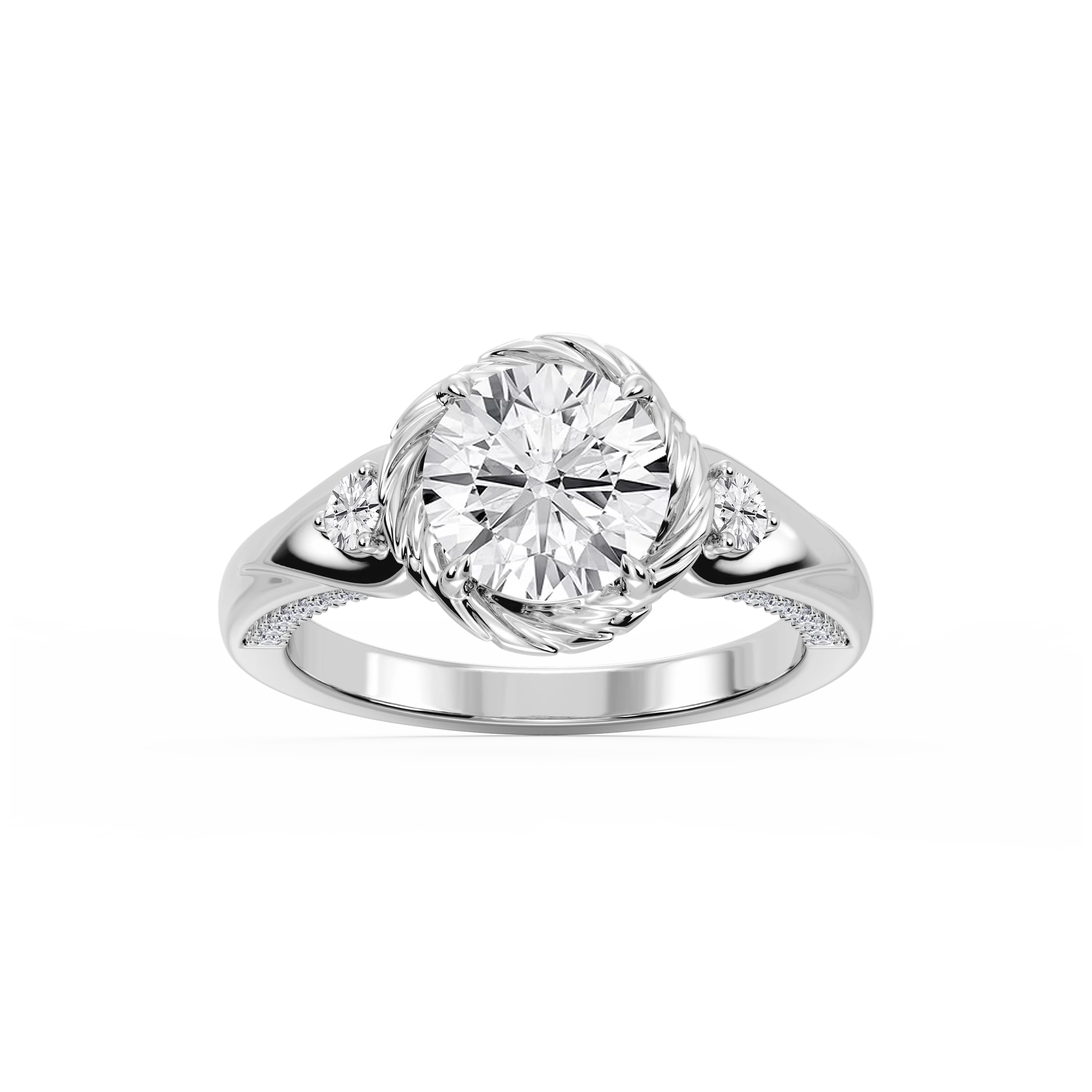 Mabel Round Lab Grown Diamond Swirl Halo Three Stone Engagement Ring