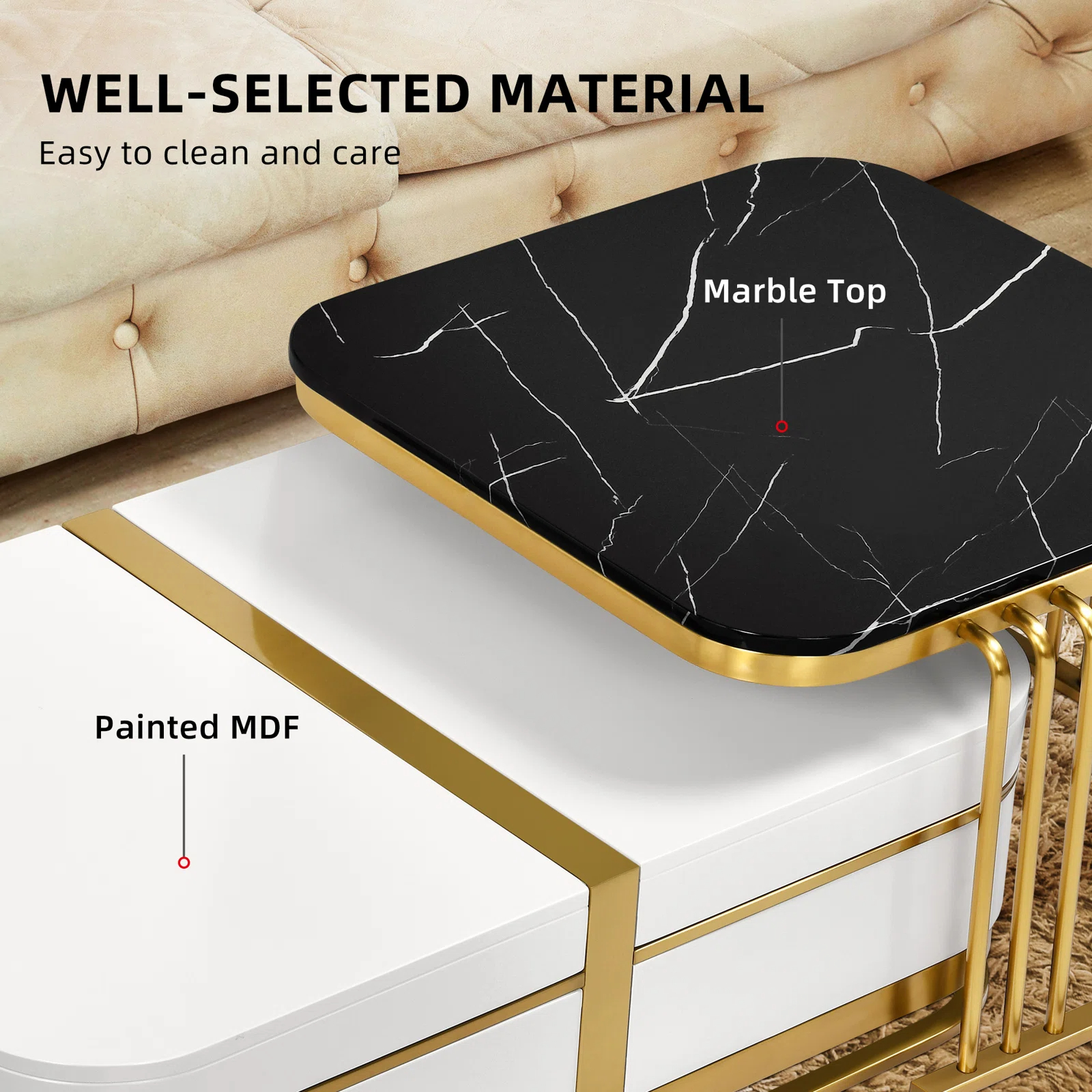 Rectangular Nesting Coffee Table with Storage for Living Room