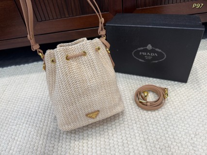 Prada Drawstring Raffia Bucket Bag