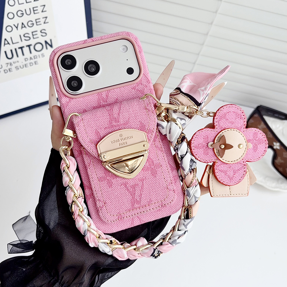 LV Monogram Denim Card Holder Phone Case With Chain Wrist Strap Vivienne Flower Charm