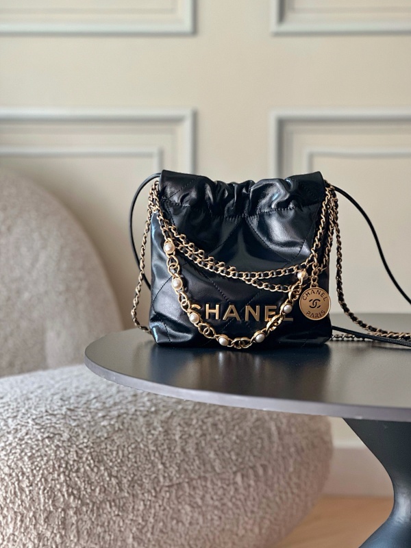 Chanel Drawstring Logo Bag Navy Chain