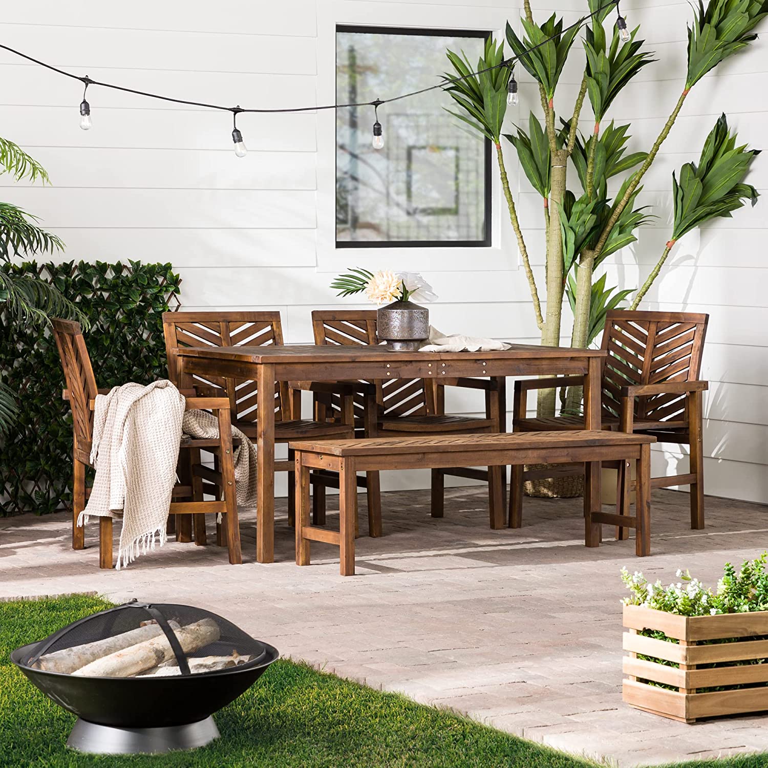 7 Person Wood Chevron Patio Furniture Dining Set