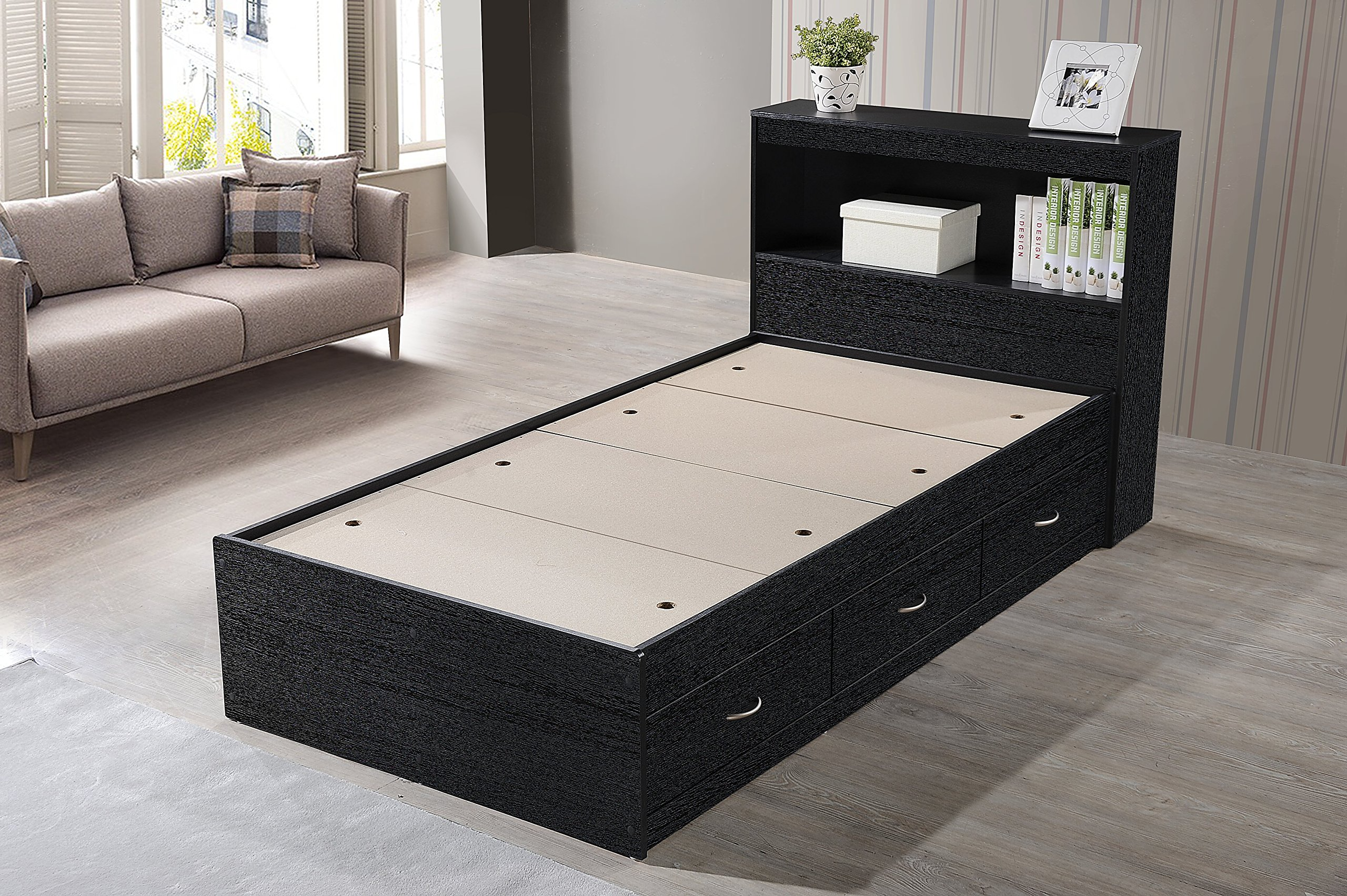 Hodedah Twin-Size Captain Bed with 3-Drawers and Headboard in
