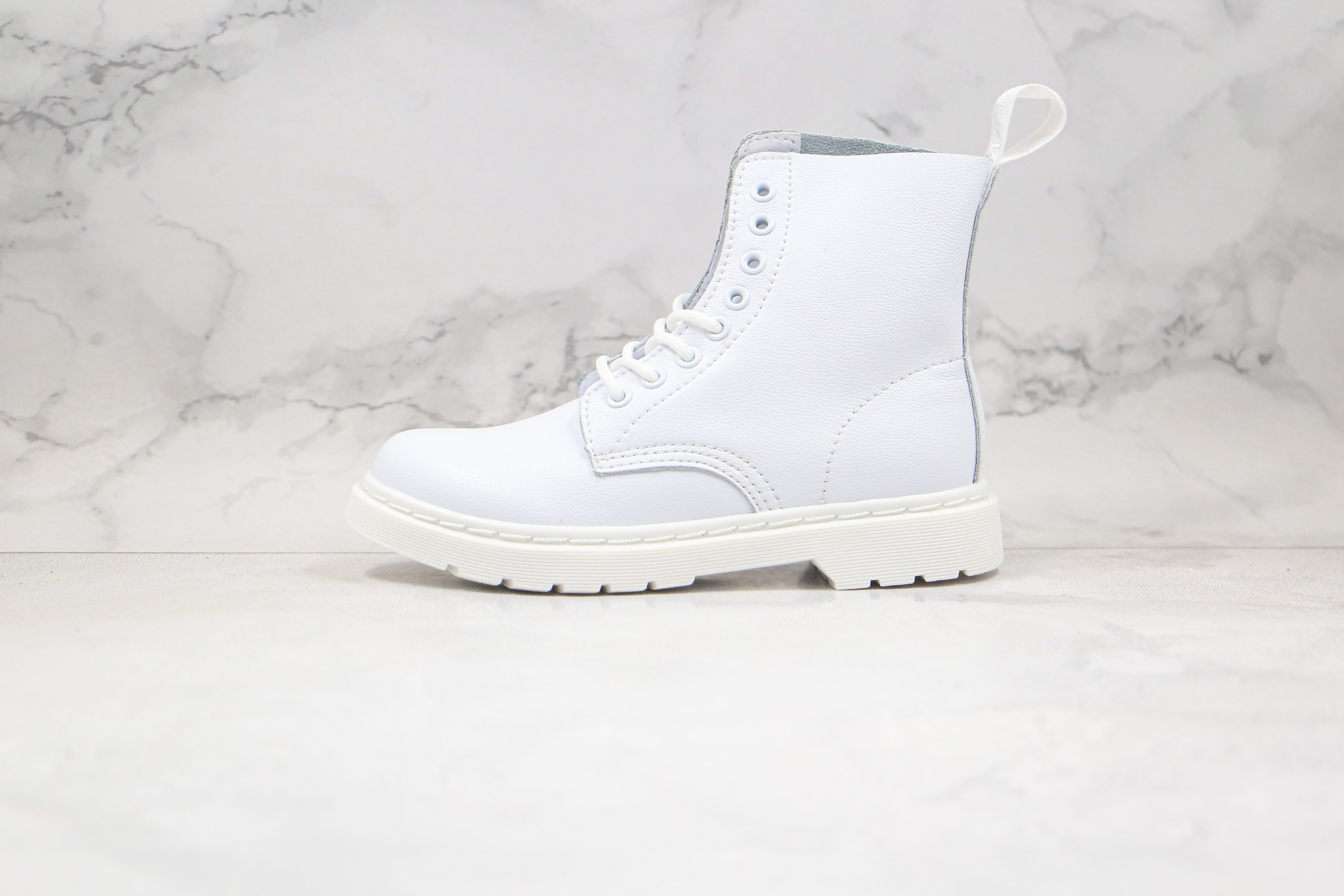 Dr. Martens White Pebbled Leather Fur-Lined 8-Eye Boots