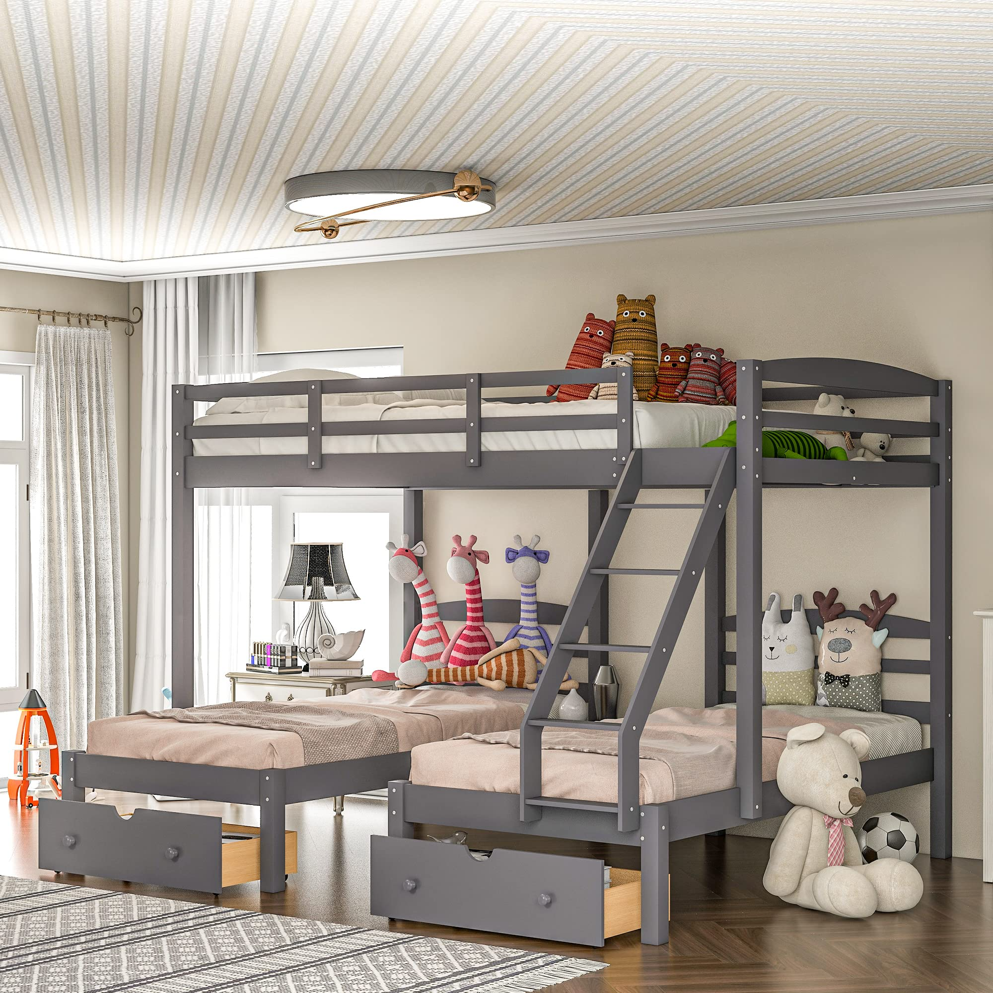 Triple Bunk Bed Full Over 2 Twin Bunk Bed with 3 Drawers &