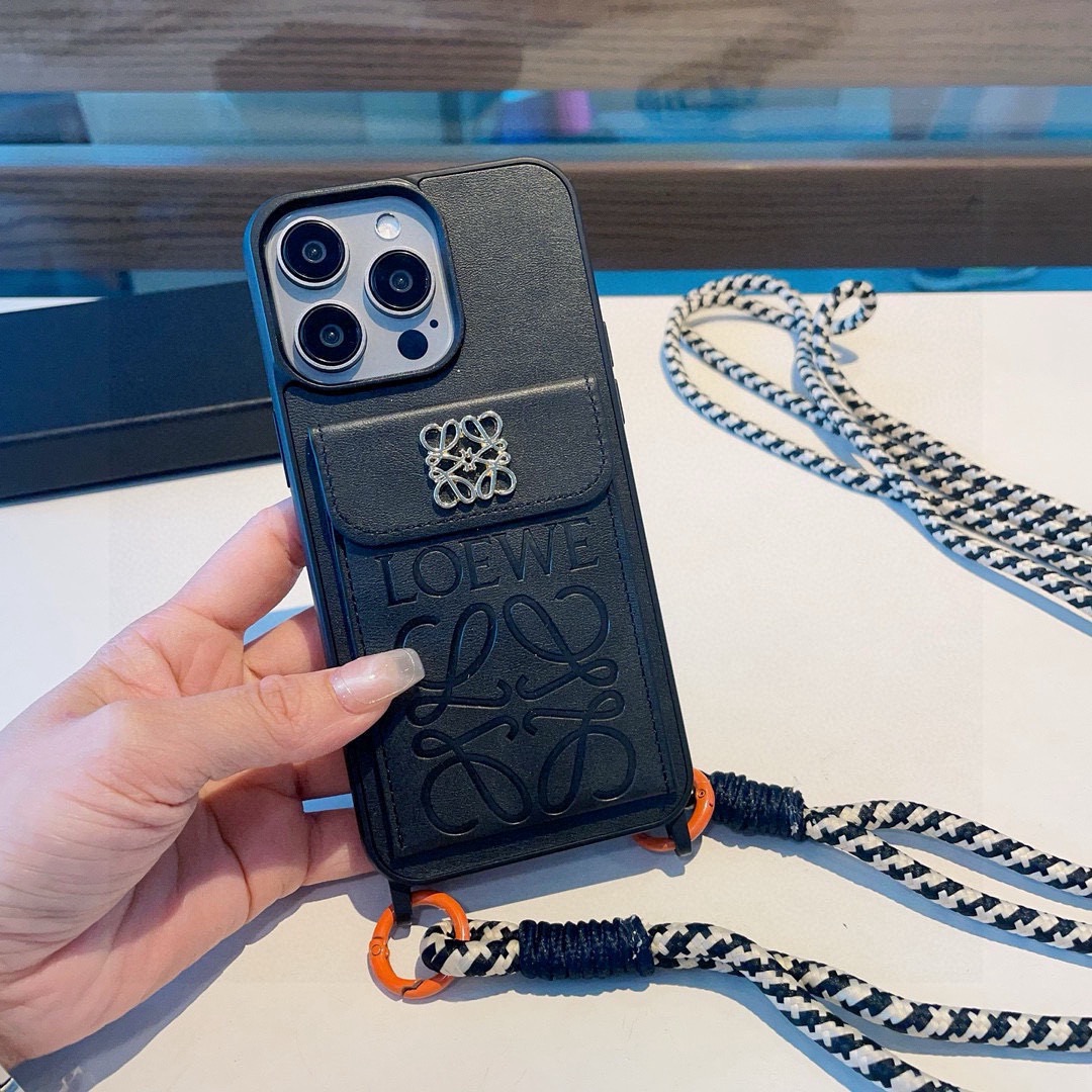 Loewe Style Leather Card Holder Phone Case with Crossbody Woven Strap