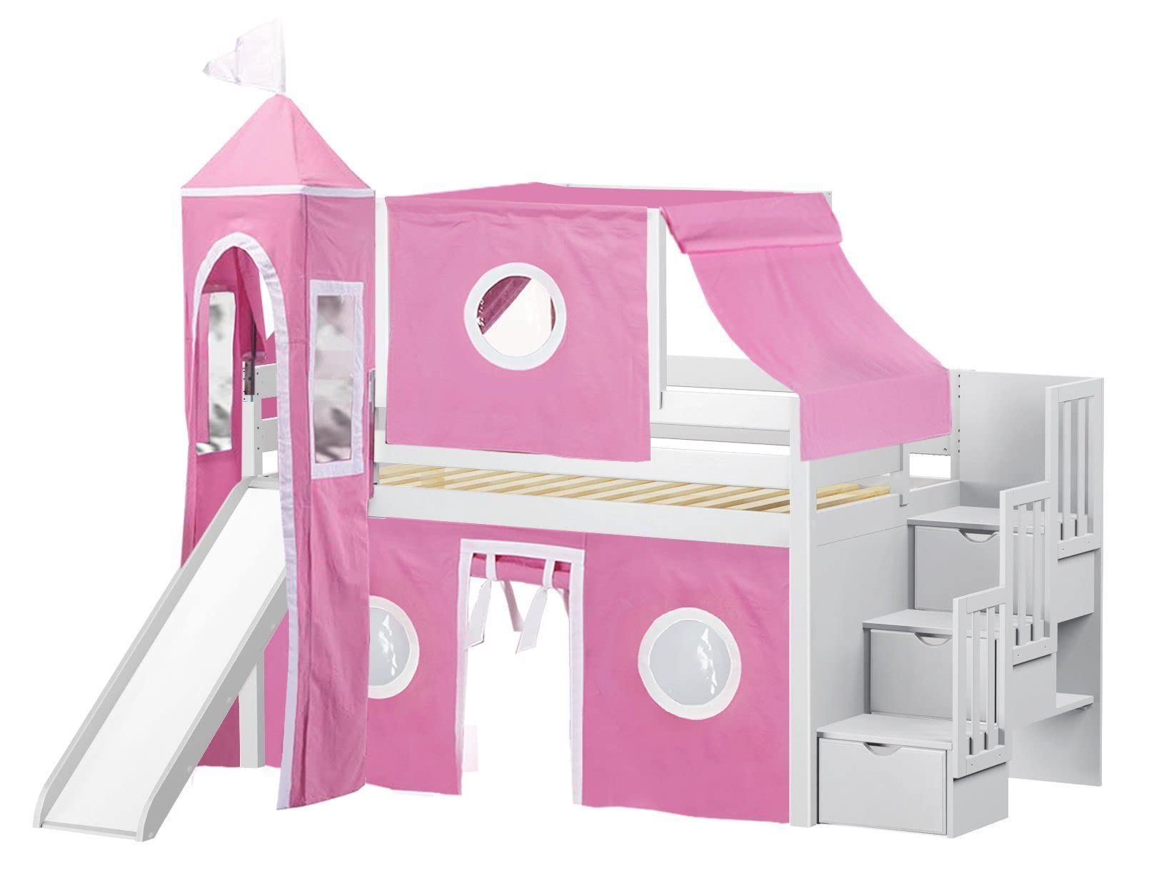 Princess Low Loft Stairway Bed with Slide Pink & White Tent &