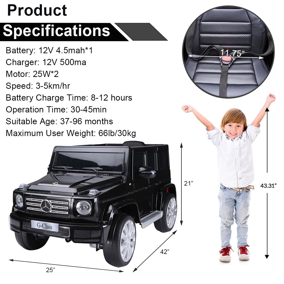 12V Mercedes Benz G500 Licensed Kids Ride On SUV Car with