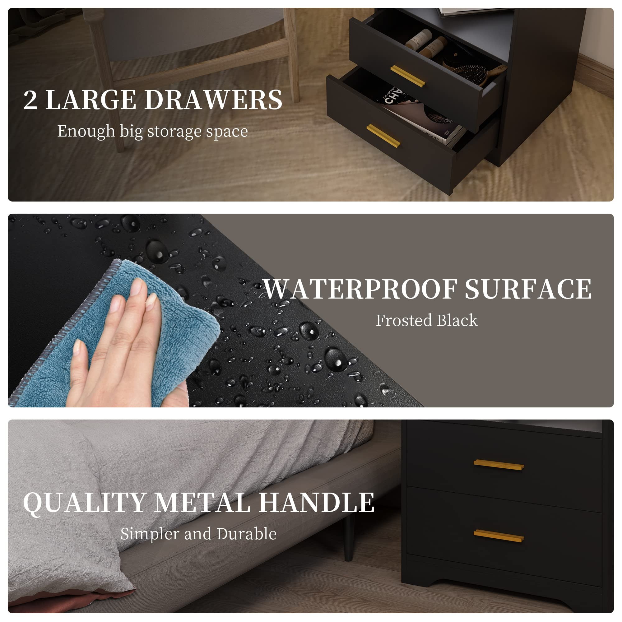 Black Nightstand with Charging Station