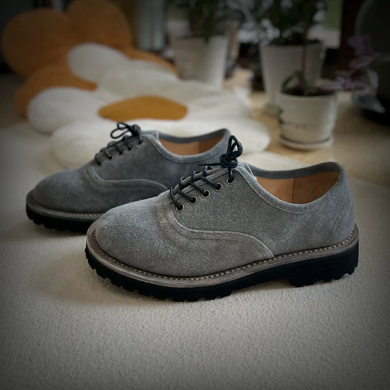 Suede leather lace-up handmade grey loafers