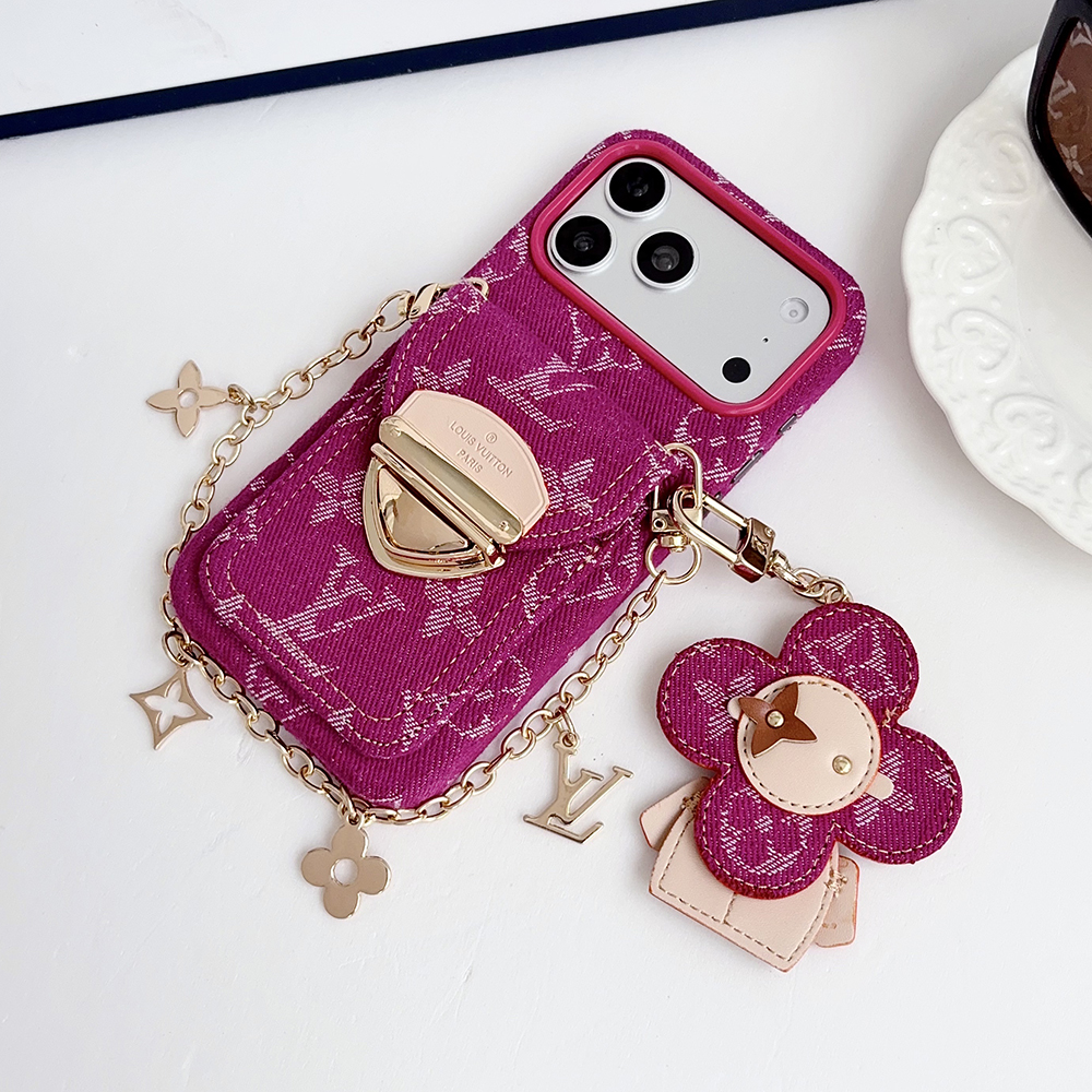 LV Monogram Denim Card Holder Phone Case With Chain Wrist Strap Vivienne Flower Charm