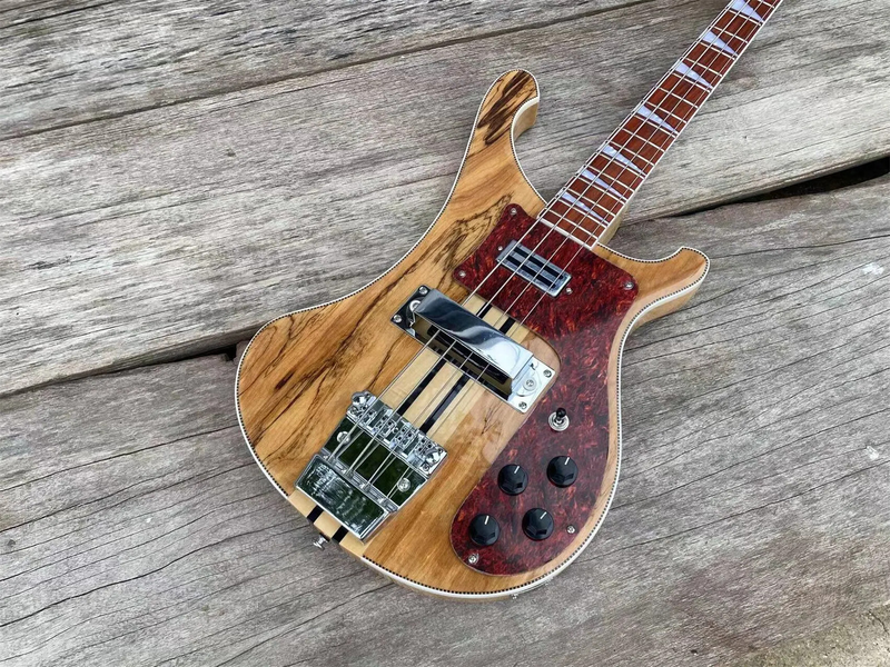 Through Body Electric Bass Guitar Spalted Maple Chrome Parts Fixed Bridge Top