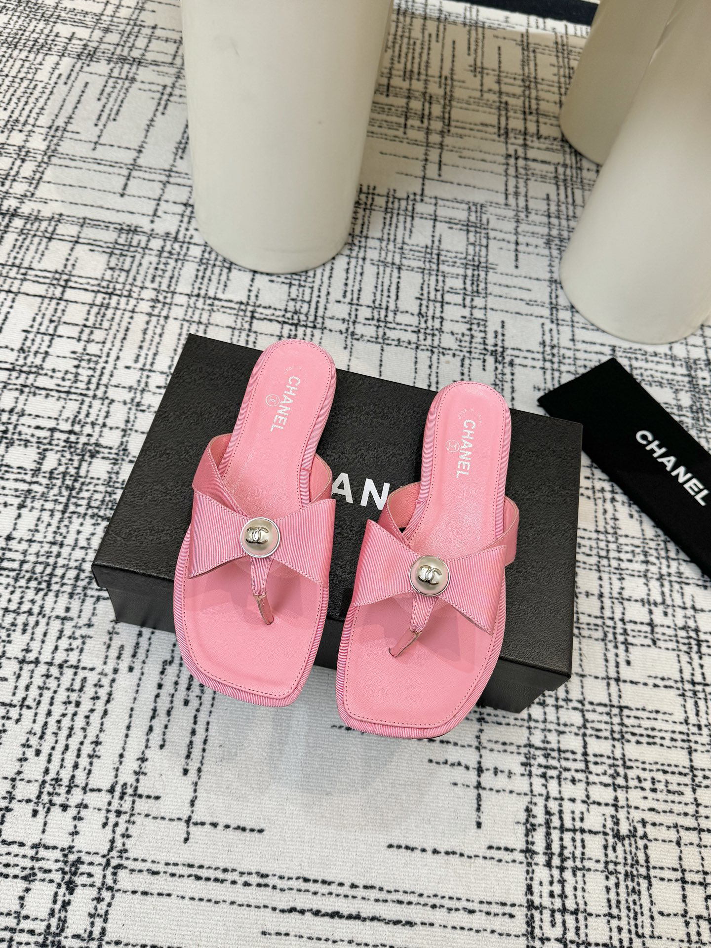 Chanel Bow Pearl Logo Thong Sandals