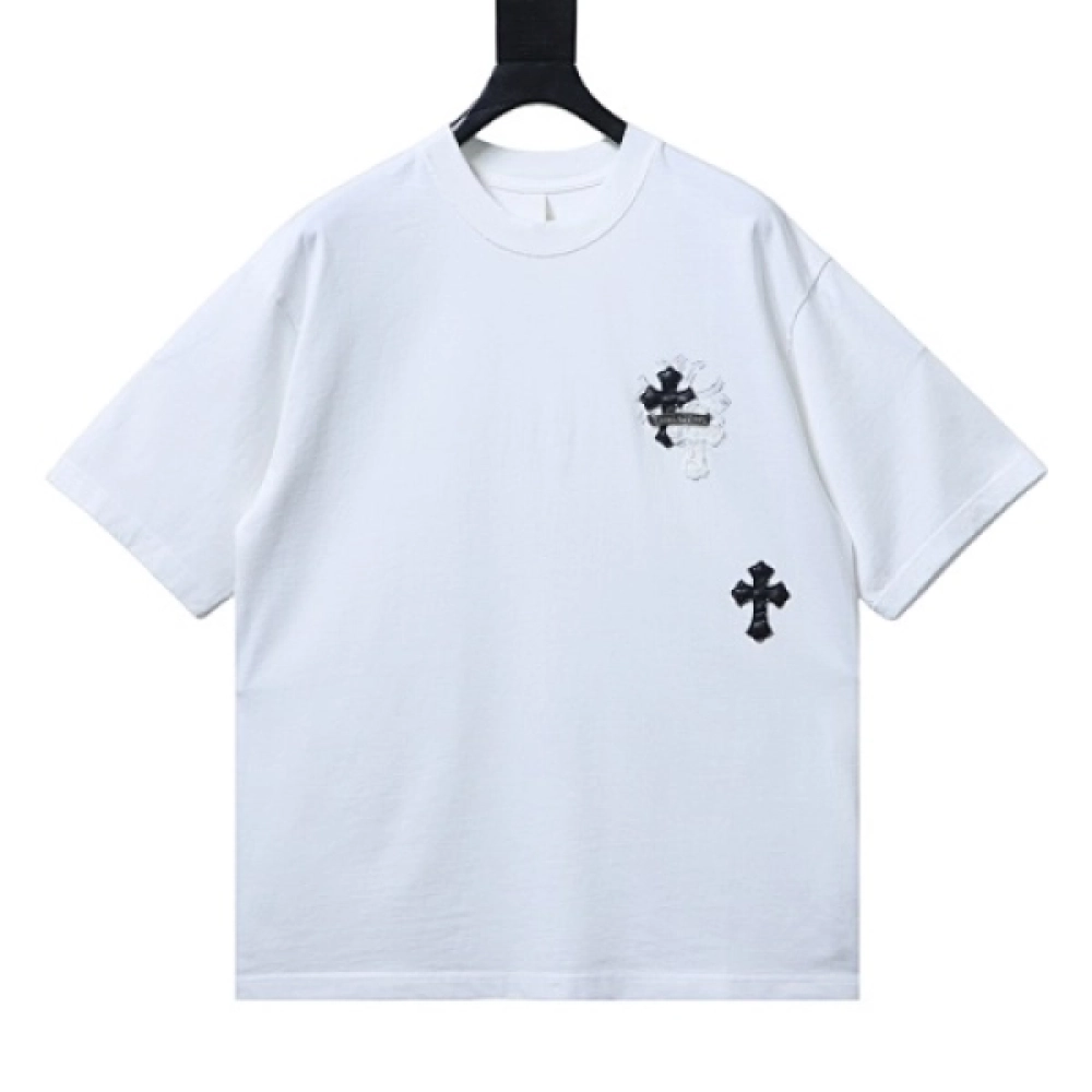 Chrome Hearts Vertical Multi Cross Patch T-Shirt+Denim Tears The Cotton Wreath Shorts Black Grey - ogsneaker