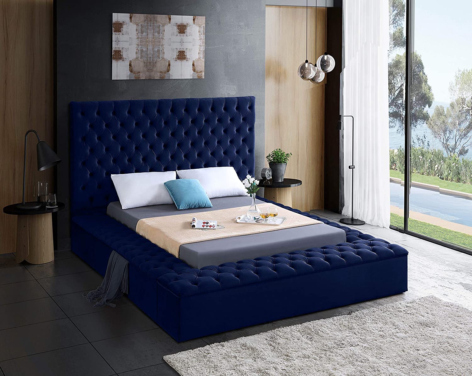 Velvet Upholstered Bed with Deep Button Tufting & Storage