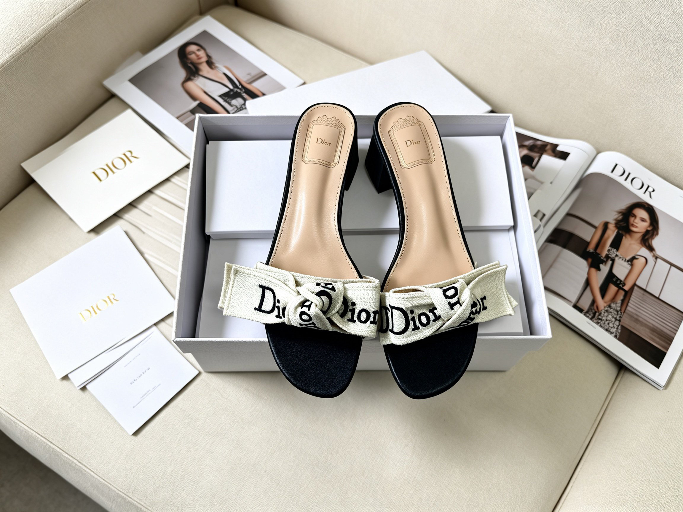 Dior J'Adior Heeled Slide, Embroidered Cotton Ribbon