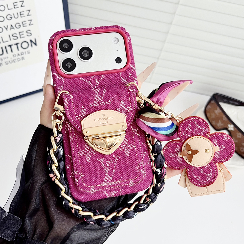 LV Monogram Denim Card Holder Phone Case With Chain Wrist Strap Vivienne Flower Charm