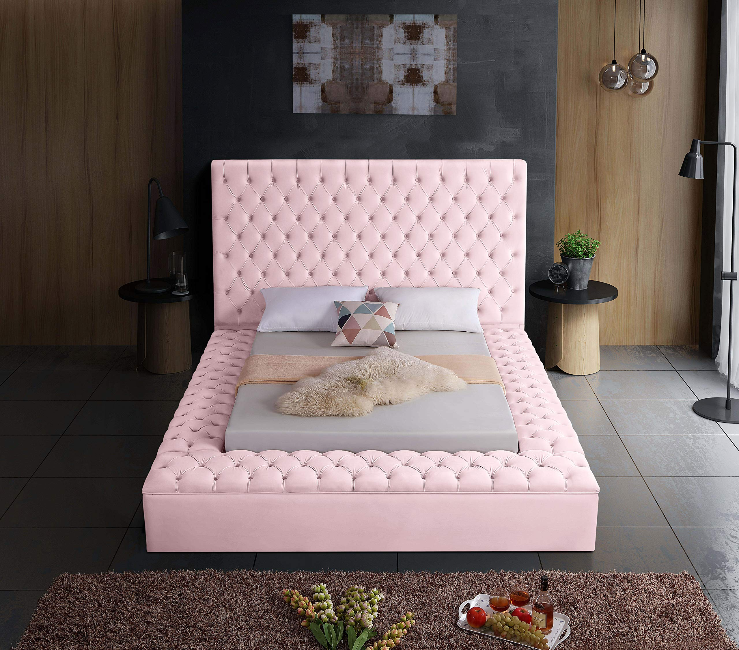 Velvet Upholstered Bed with Deep Button Tufting & Storage
