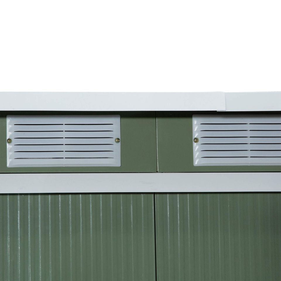 Corrugated metal storage shed outside equipment kit, light green