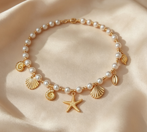 Women’s Beach‑Style Pearl Beaded Choker Necklace, 14K Gold Plated Starfish & Shell Charms Jewelry
