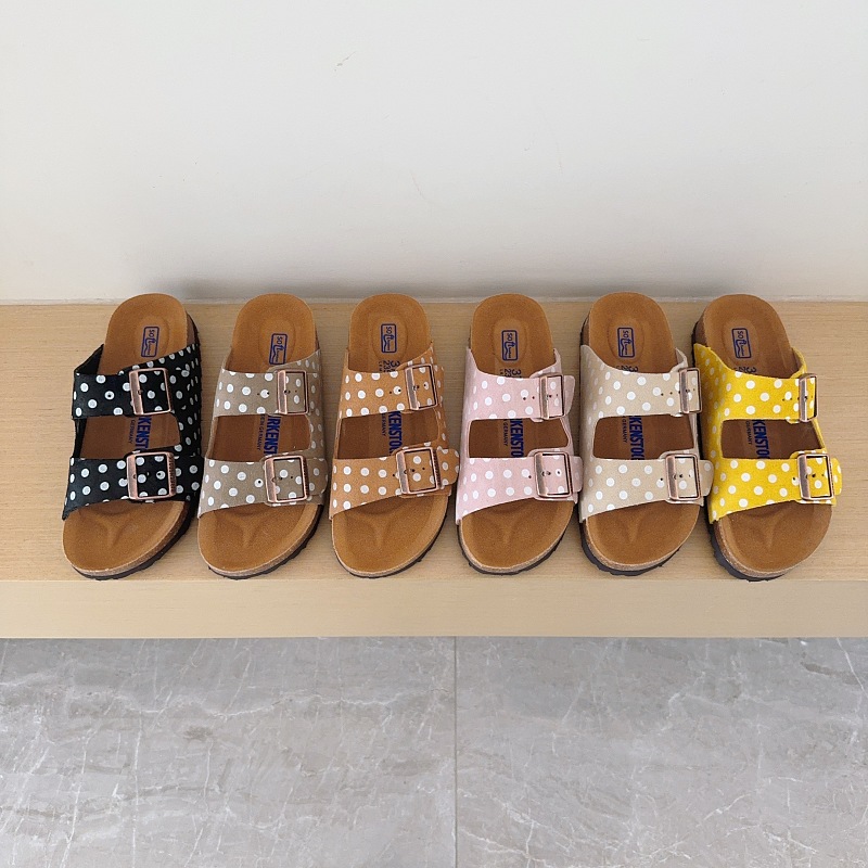 Polka Dot Birken-Style Two-Strap Sandals