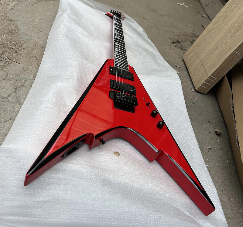 Red V Shape 6 Strings Electric Guitar Rosewood Fretboard Black Hardwares