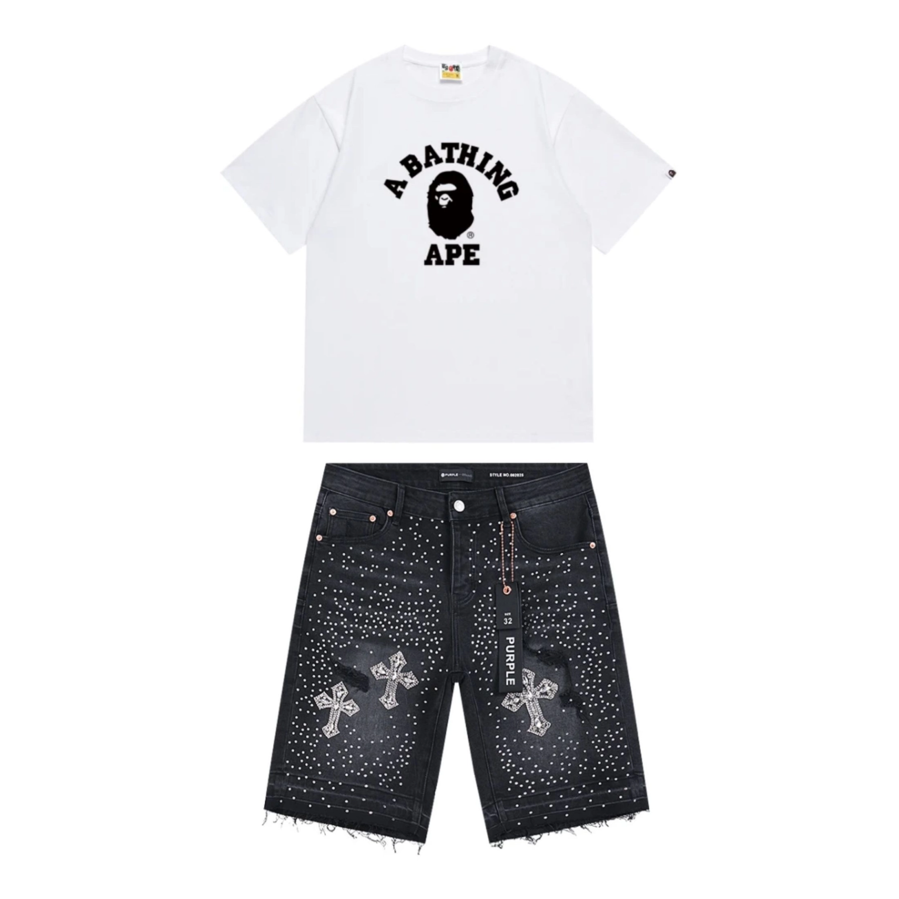 Purple Brand Jeans Denim Shorts PU529 + BAPE T-Shirt 134