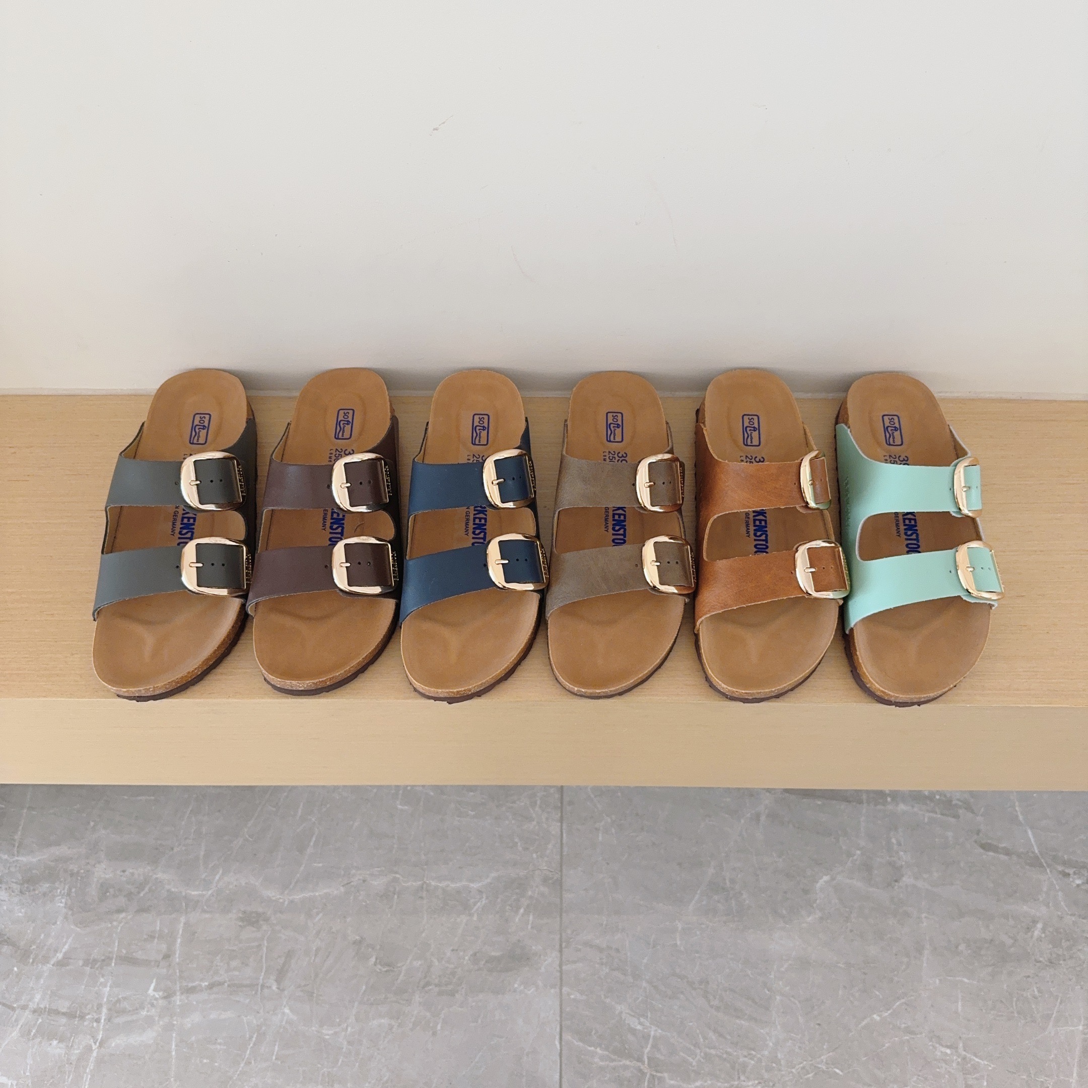 Round Gold Buckle Birken-Style Two-Strap Sandals