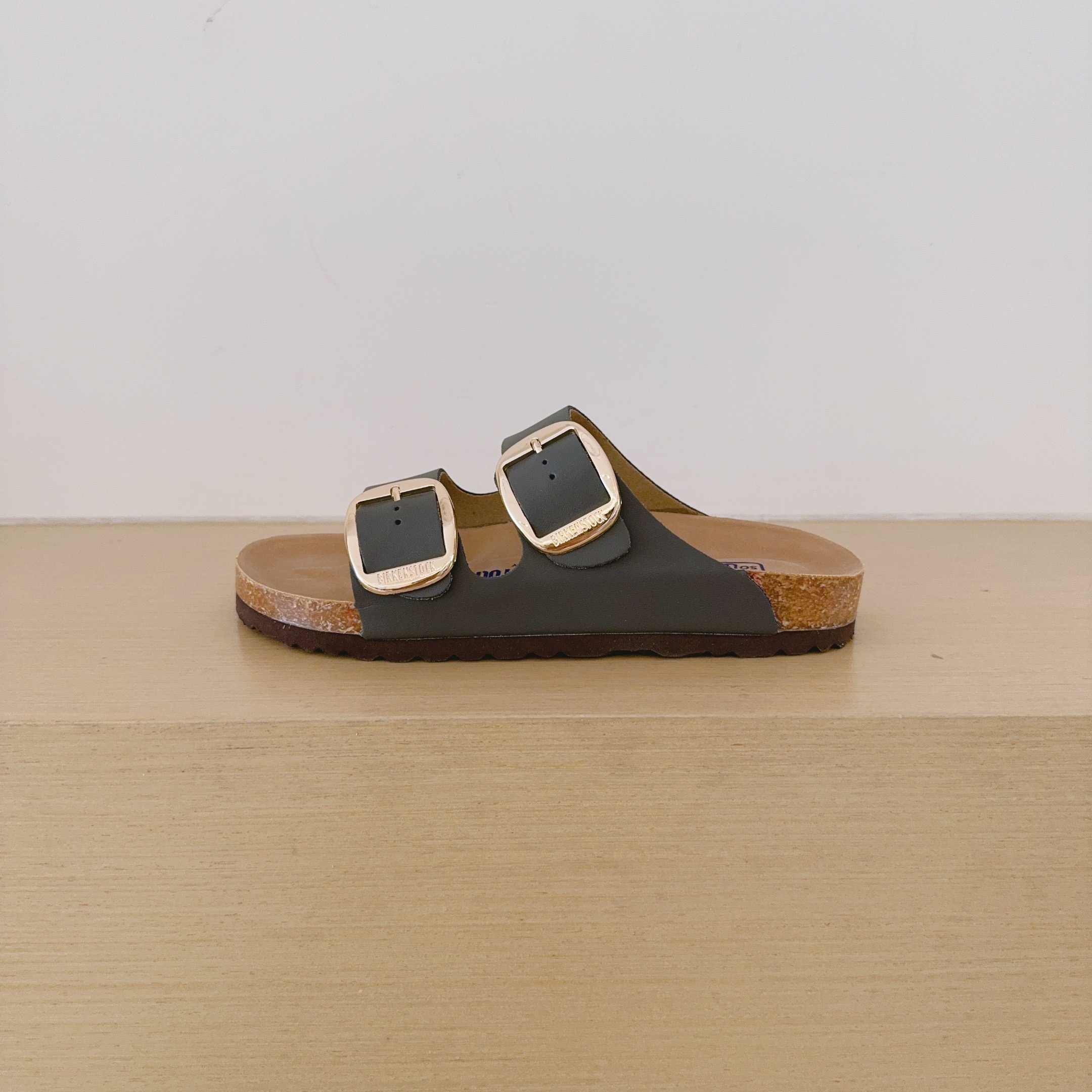 Round Gold Buckle Birken-Style Two-Strap Sandals