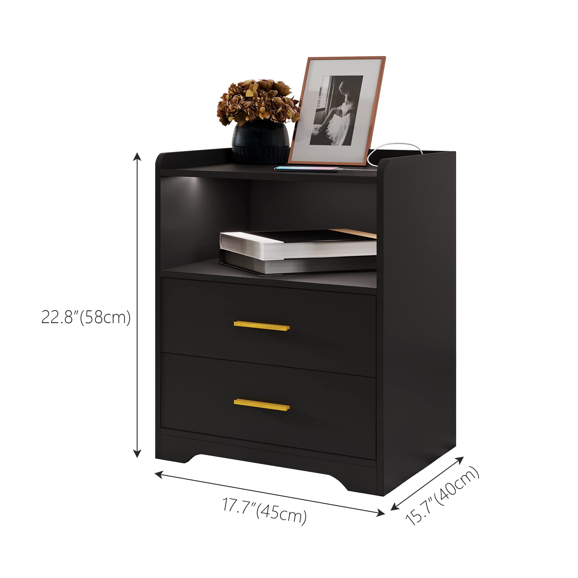 Black Nightstand with Charging Station
