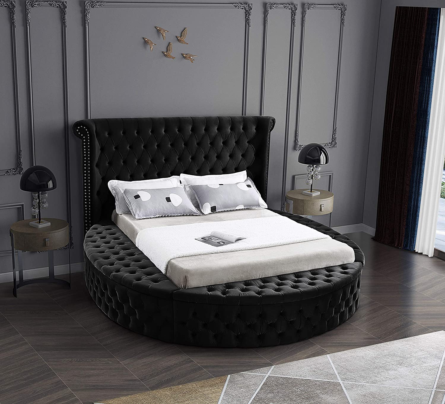 Contemporary Round Shaped Velvet Upholstered Bed with Deep
