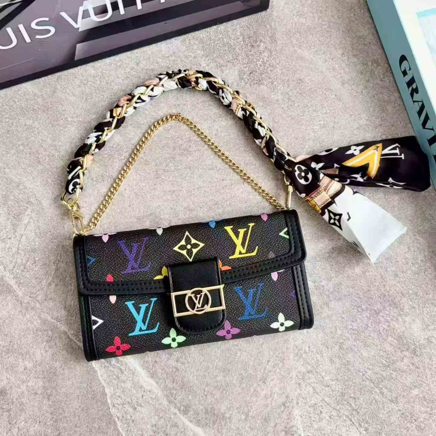 LV Monogram Baguette Shoulder Bag Mini Flap Handbag With Silk Scarf Chain Strap