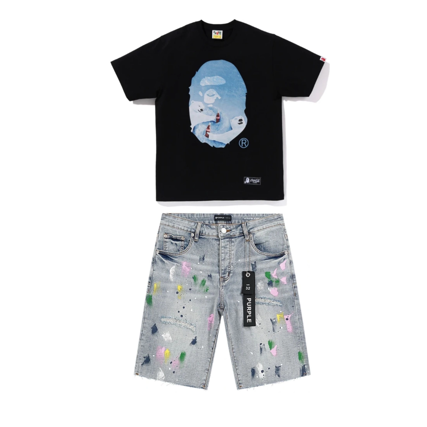 Purple Brand Jeans Denim Shorts PU510# + BAPE X Coca-Cola T-Shirt 724#