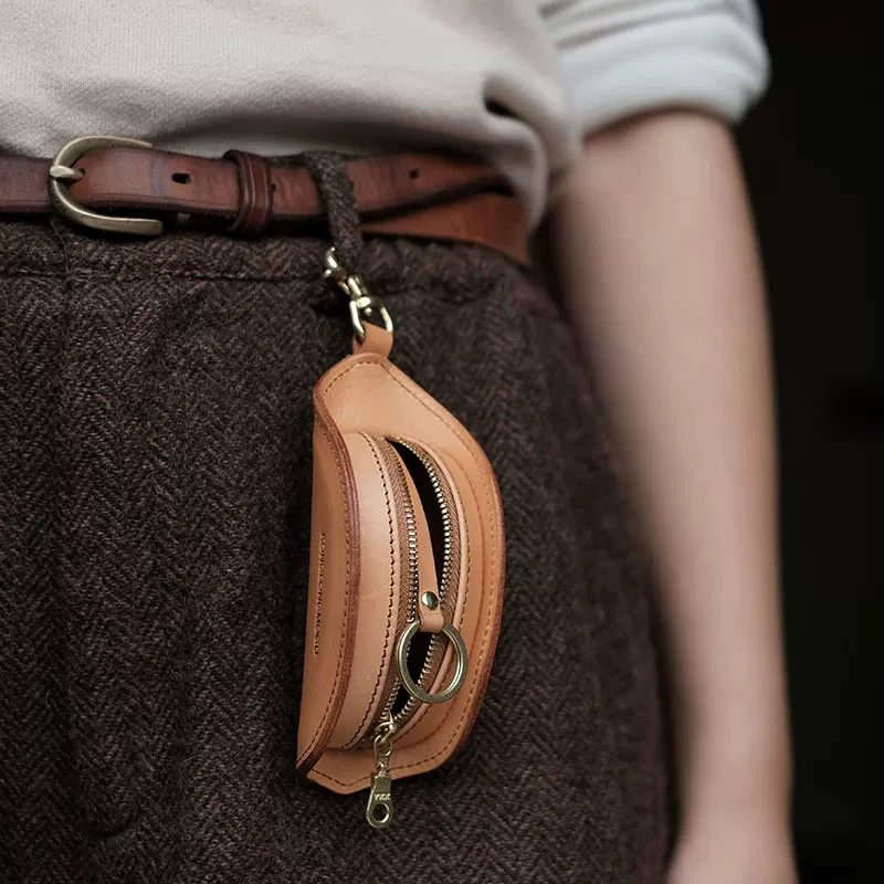 Genuine leather compact zipper key bag