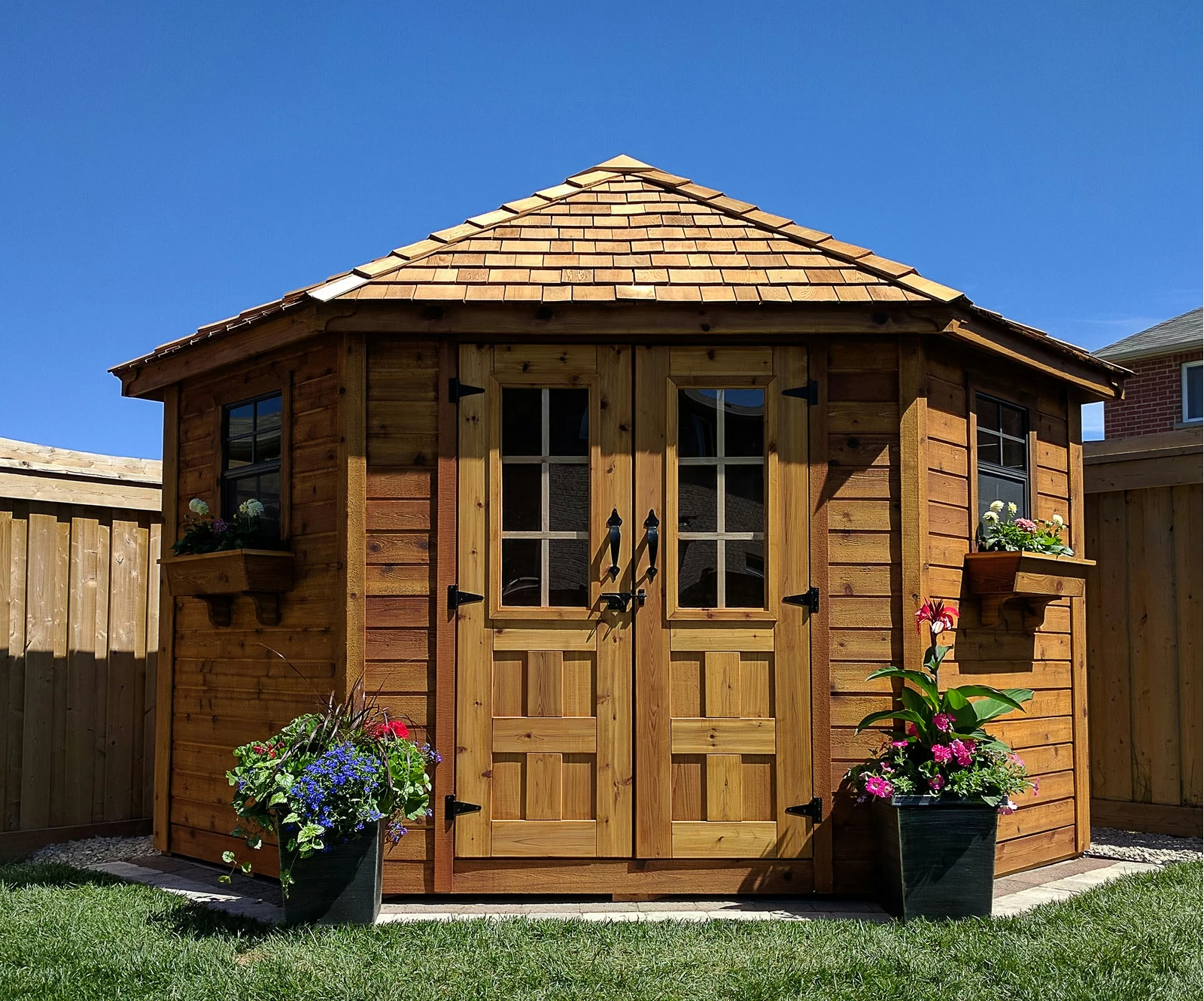 9 ft. W x 9ft. D Penthouse Cedar Wood Garden Shed with French