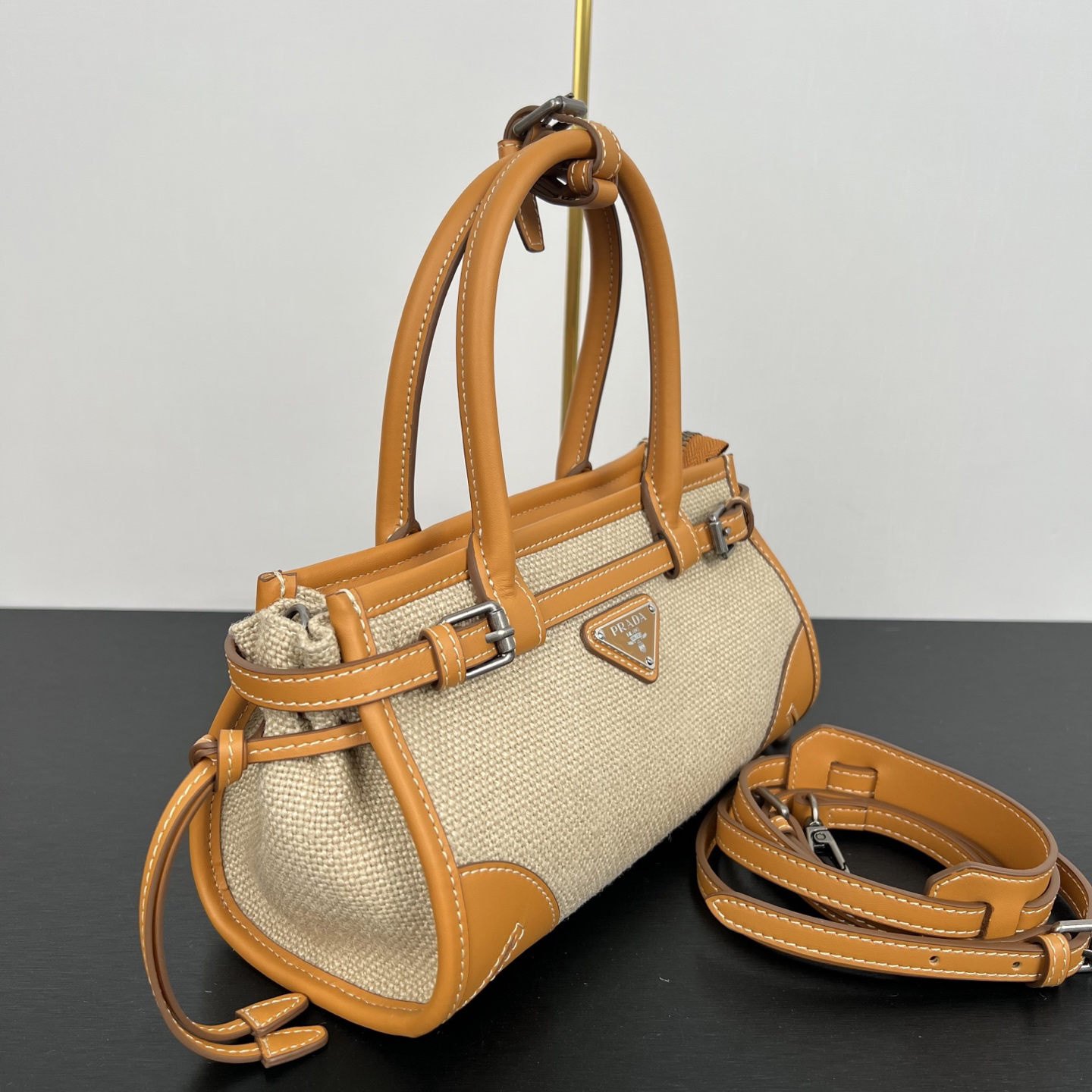 Prada Bonnie Small Linen and Leather Top Handle Bag