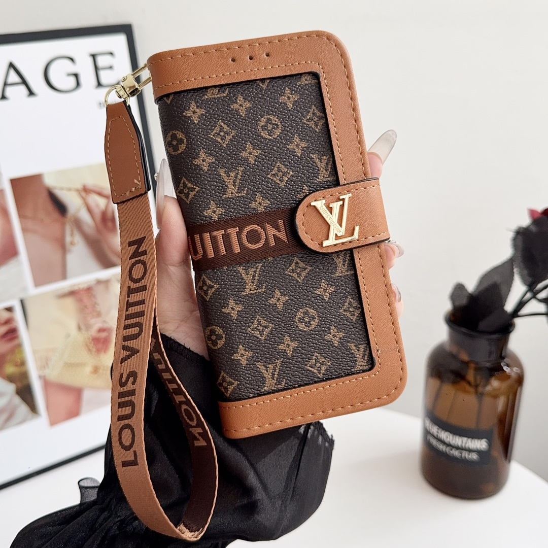 Luxury Designer Monogram Flip Wallet Phone Case with Wrist Lanyard