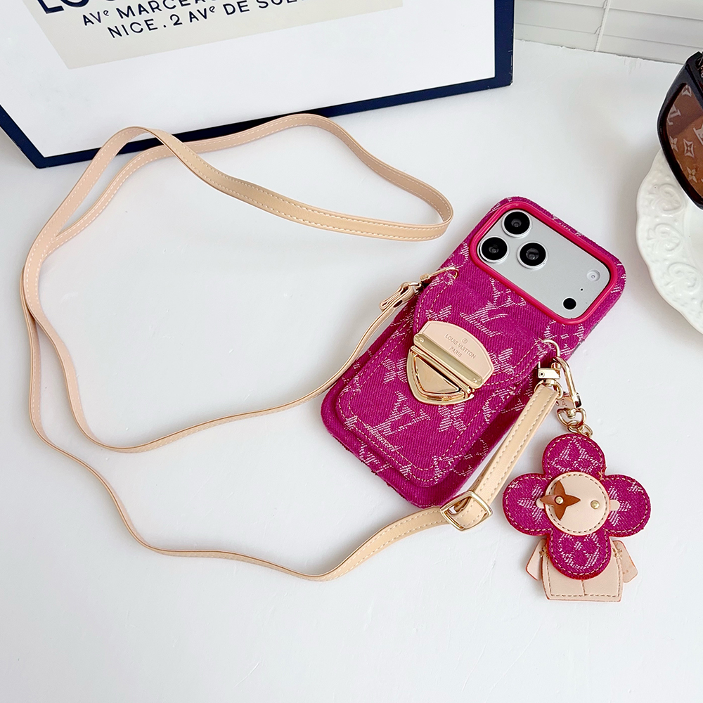 LV Monogram Denim Card Holder Phone Case With Chain Wrist Strap Vivienne Flower Charm