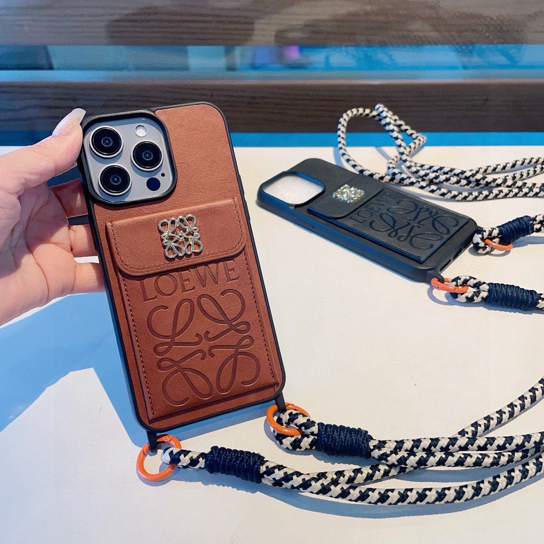 Loewe Style Leather Card Holder Phone Case with Crossbody Woven Strap
