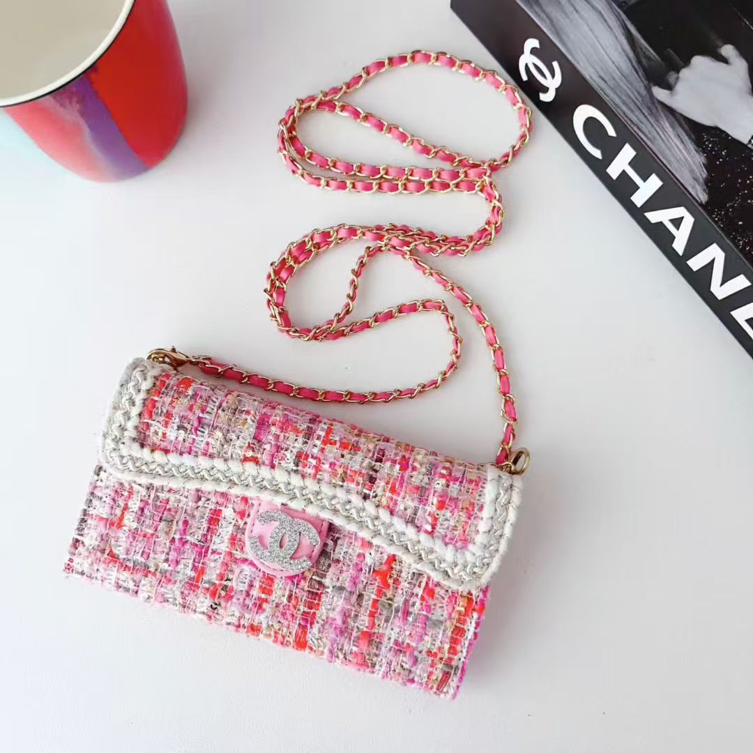 Chanel-Style Tweed Crossbody Phone Case Bag with Chain Strap