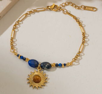 Natural Lapis Lazuli Sun Pendant Bracelet | Gold Plated Stackable Chain Bracelet