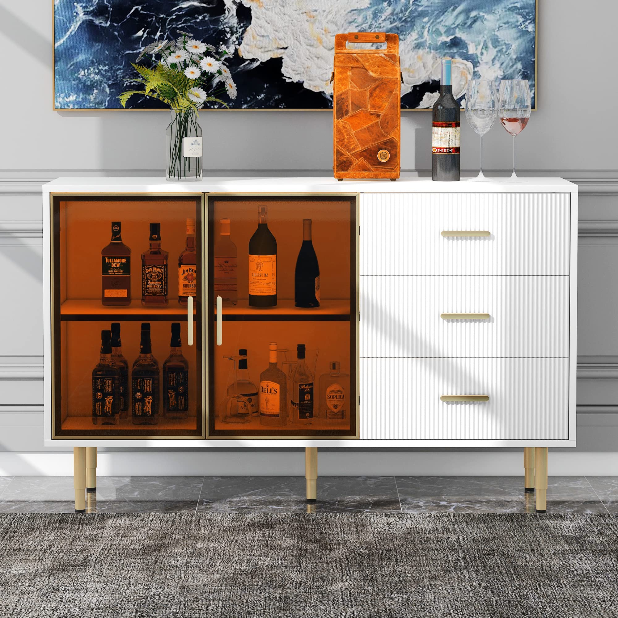 Modern Sideboard Cabinet Accent Buffet Storage Glass Doors