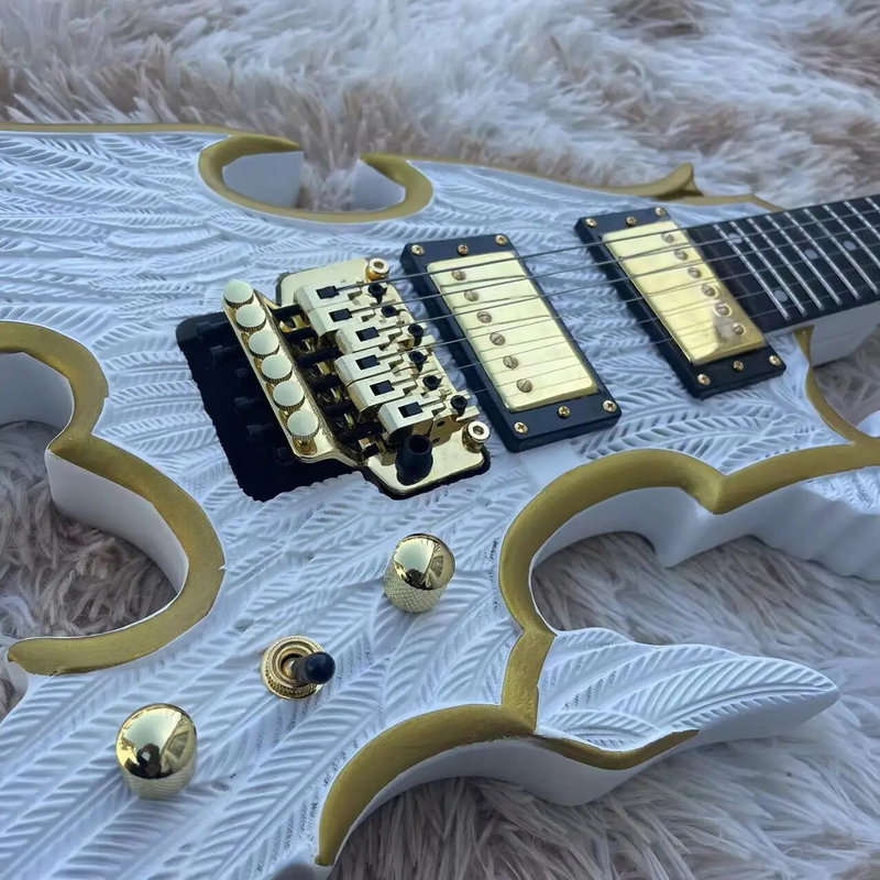Engraved Angel Wings 6-string Split Electric Guitar, White Body with Gold Rim