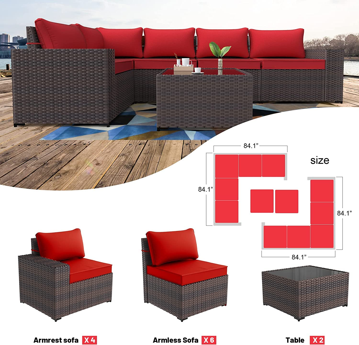 Sectional Rattan Sofa Set Brown PE Wicker Patio Conversation Set