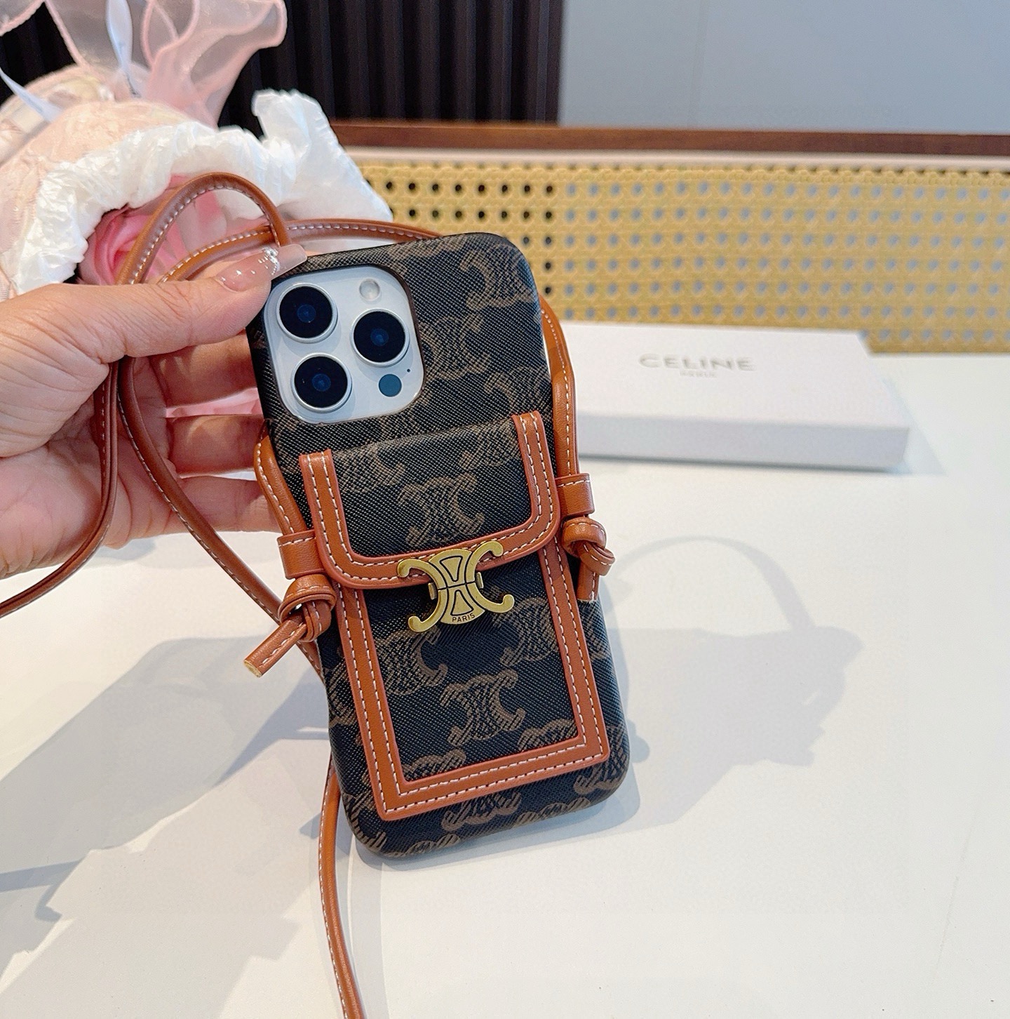 Celine Triomphe Monogram Card Slot Crossbody Phone Case